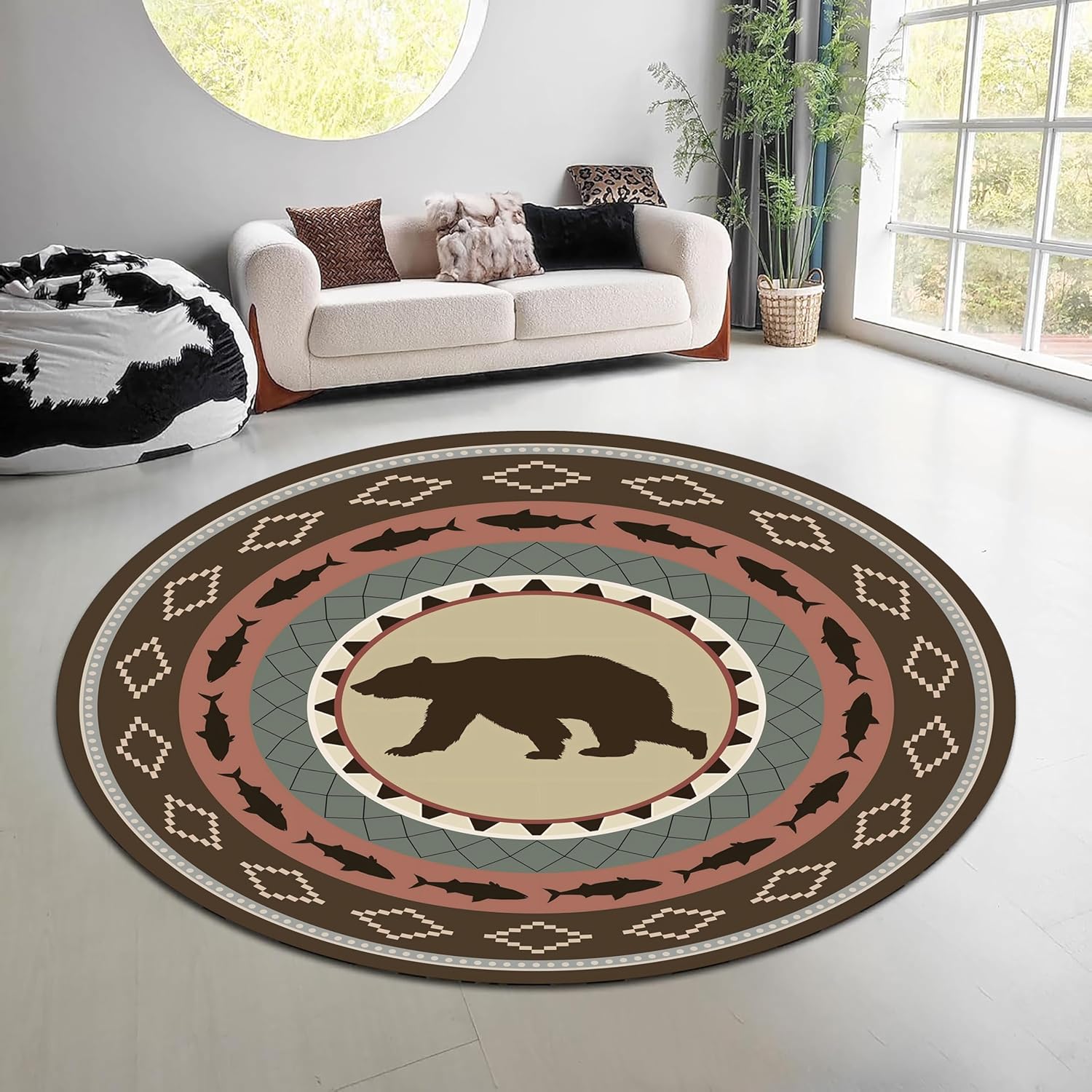 Hunting Outdoor Mat - ヴィンテージ自然森林ラウンドラググリーンブラウンエルクベアエリアカーペットウエスタンハンティングロッジリビングルームソファ美的フロアマット