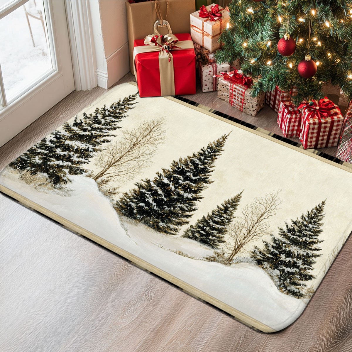 冬の雪景色をイメージした狩猟小屋と松の木のクリスマス柄ドアマ - Hunting Outdoor Christmas Decorations のレビューと価格