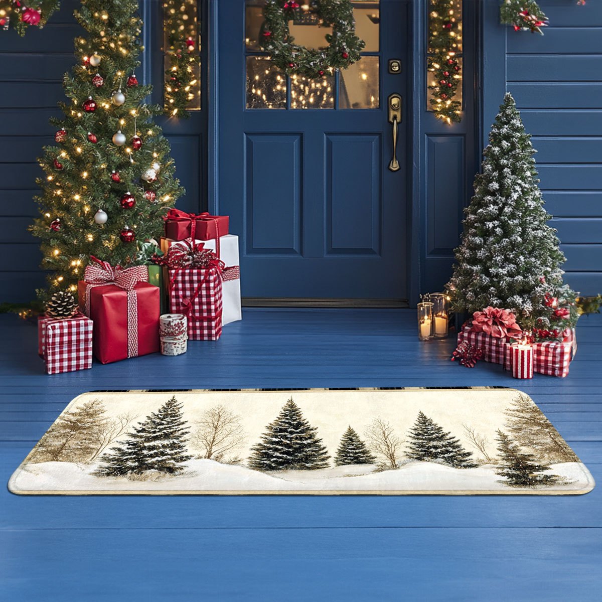冬の雪景色をイメージした狩猟小屋と松の木のクリスマス柄ドアマ - Hunting Outdoor Christmas Decorations のレビューと価格