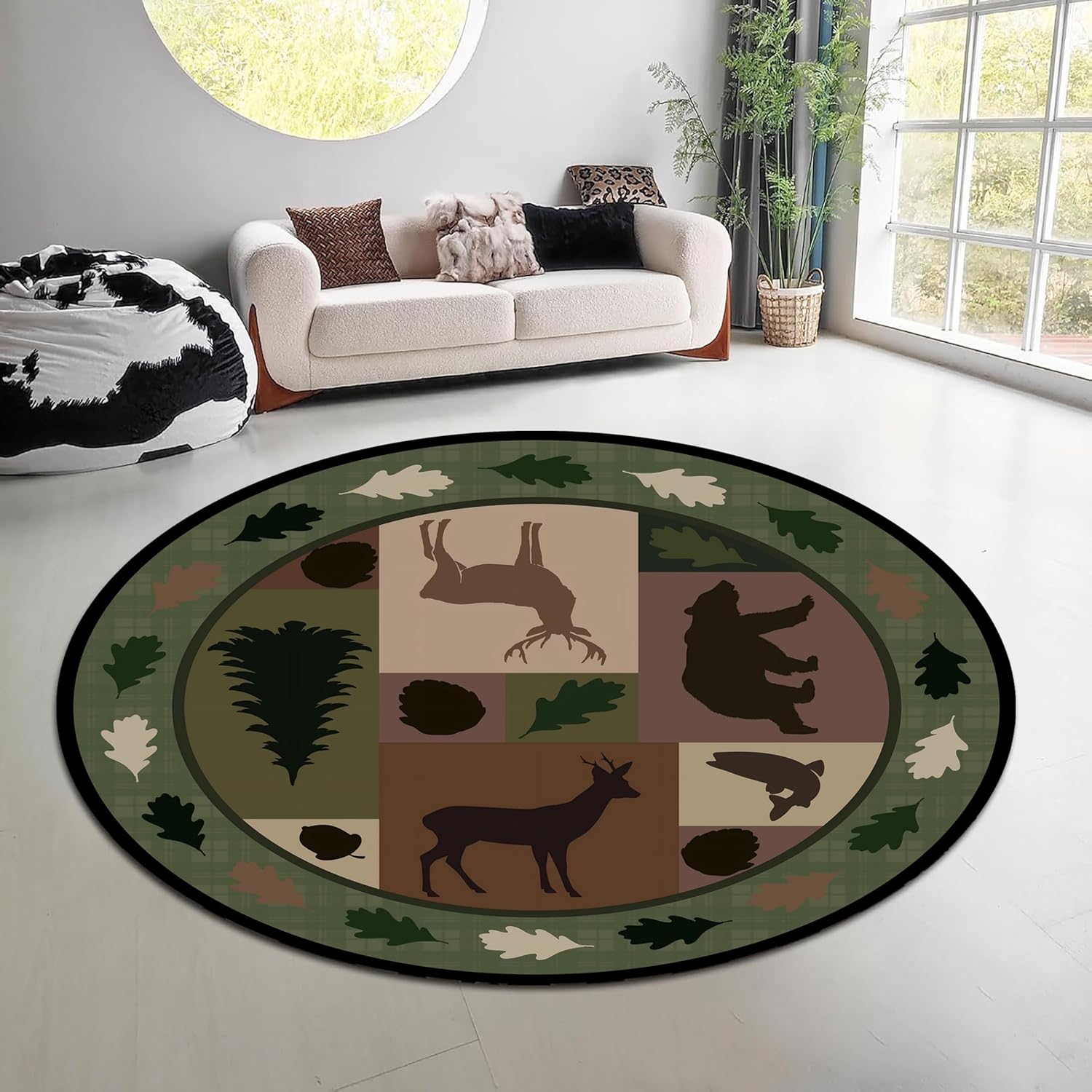 ヴィンテージ自然森林ラウンドラググリーンブラウンエルクベアエ - Hunting Outdoor Mat のレビューと価格
