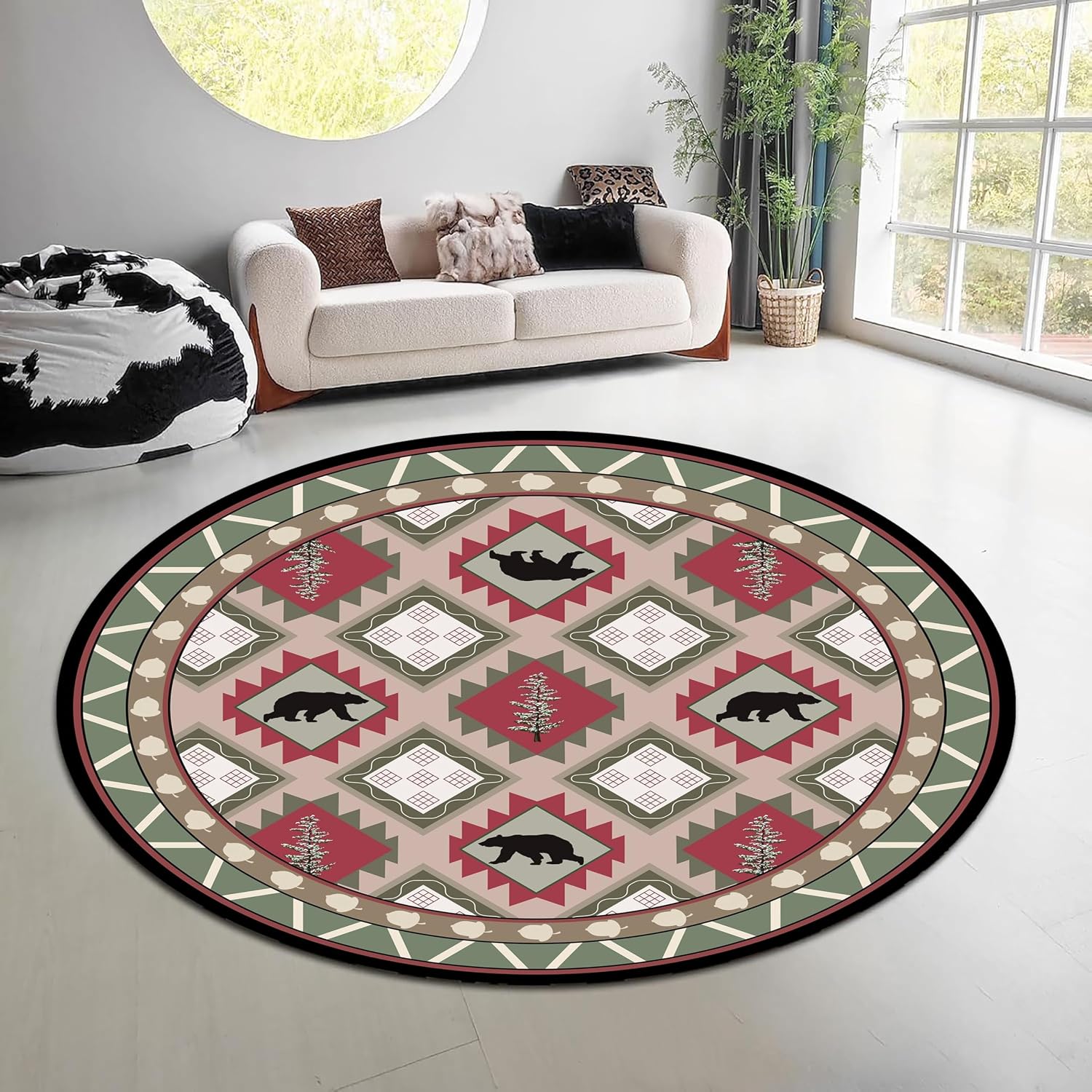 ヴィンテージ自然森林ラウンドラググリーンブラウンエルクベアエ - Hunting Outdoor Mat のレビューと価格