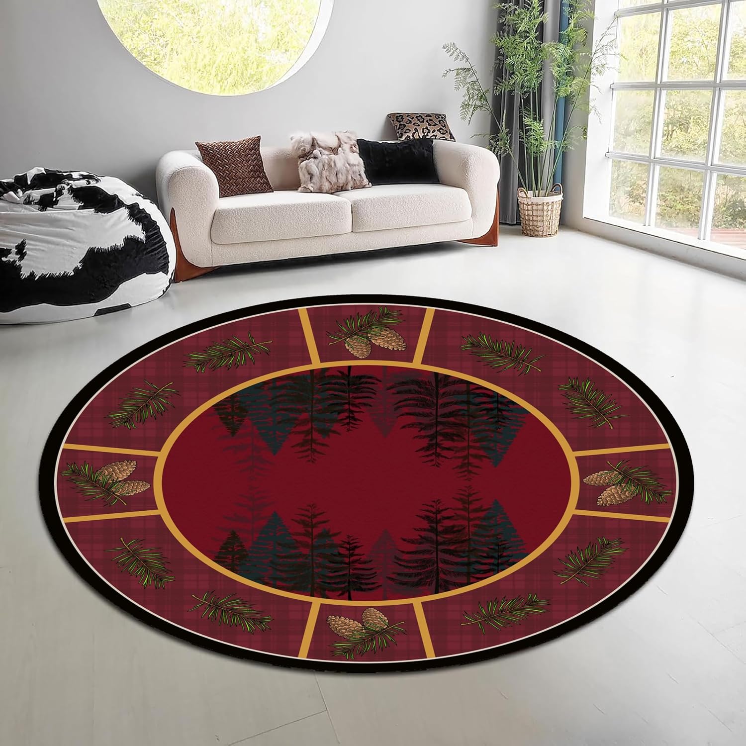ヴィンテージ自然森林ラウンドラググリーンブラウンエルクベアエ - Hunting Outdoor Mat のレビューと価格